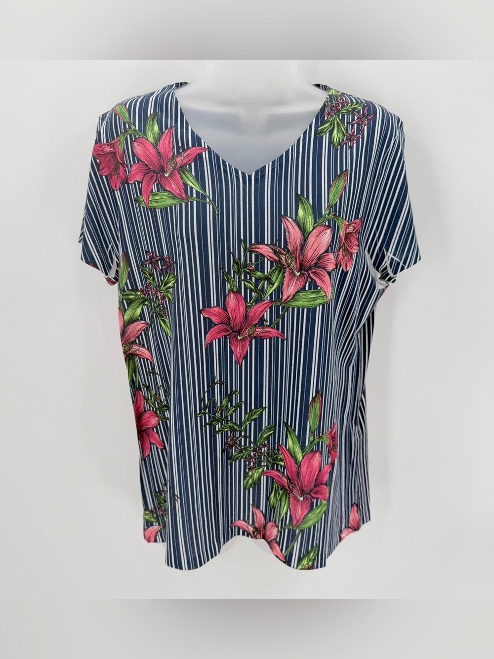 Chico's Top Womens Size 1 Multi Striped Floral Cap Sleeve V-Neck Pullover Tee